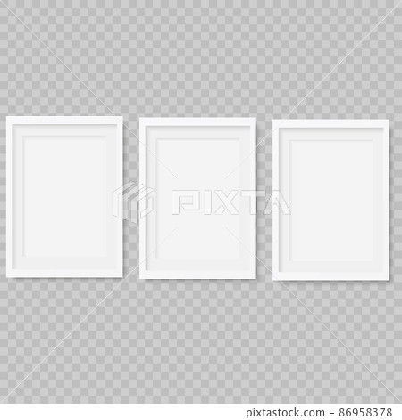 Set of empty white picture frames on transparent background. Vector collection. 86958378
