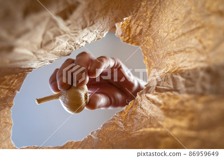 A hand places a head of garlic in a brown paper bag. A mature man's hand holds a ripe bulb over the open brown bag. Shot from the bottom up. Close up. Selective focus. A hand places a head of garlic in a brown paper bag. A mature man's hand holds a ripe bulb over the open brown bag. Shot from the bottom up. Close up. Selective focus. 86959649