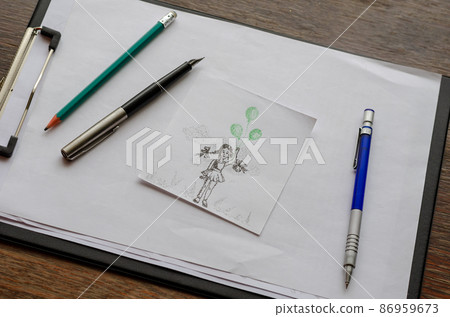 Hand-drawn drawing of a little girl with green balloons.  86959673