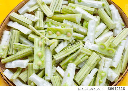 Moringa oleifera cut in pieces in bamboo weave plate on yellow background. Moringa oleifera cut in pieces in bamboo weave plate on yellow background. 86959818