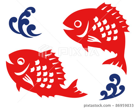 Illustration set of bouncing sea bream and Japanese-style waves 86959833