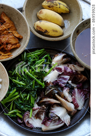 plate of boiled vegetables, green spinach and salad plate of boiled vegetables, green spinach and salad 86959928