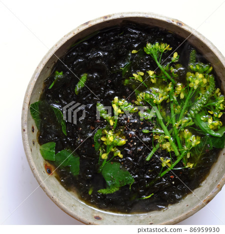 seaweed with spinach soup bowl on white background seaweed with spinach soup bowl on white background 86959930