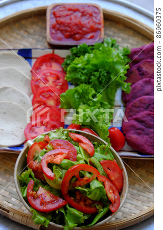 raw material food for vegan hamburger from violet sweet potato with tomato, salad 86960375
