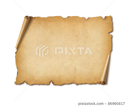 Old mediaeval paper sheet. Horizontal parchment scroll isolated on white with shadow 86960817