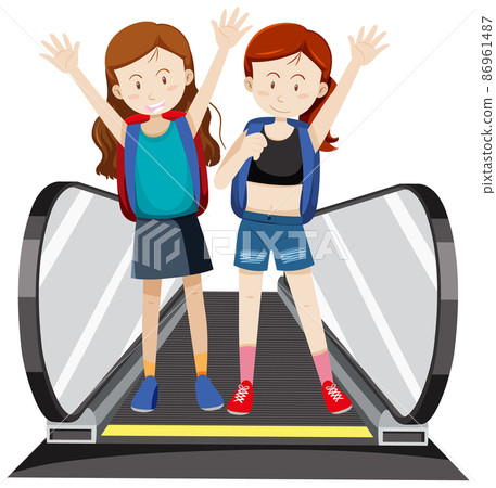 Front view of two travellers on moving walkway Front view of two travellers on moving walkway 86961487