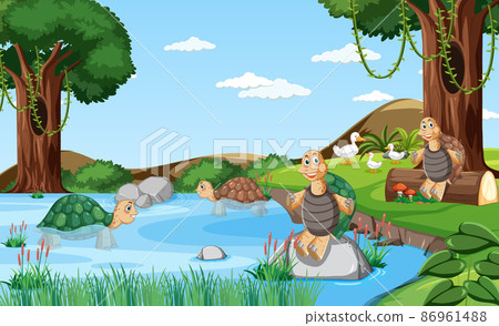 River in the forest with tortoises in cartoon style River in the forest with tortoises in cartoon style 86961488