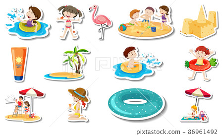 Set of summer beach items and children Set of summer beach items and children 86961492