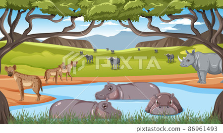 Wild animals in savanna forest landscape Wild animals in savanna forest landscape 86961493