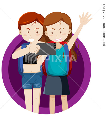 Two girls taking picture with phone Two girls taking picture with phone 86961494
