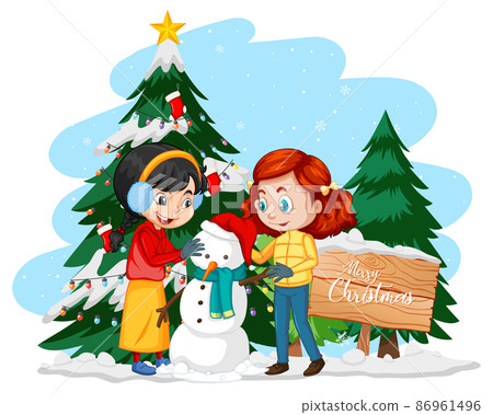 Christmas season with two girl building a snowman together 86961496