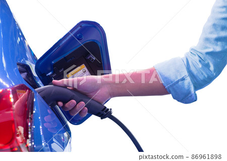Close-up hand man who holding electric charge machine for rechargeable battery with blue electric car, Zero Emission Vehicle (ZEV), Battery Electric Vehicle (BEV), Hybrid Electricity Vehicle (HEV) 86961898