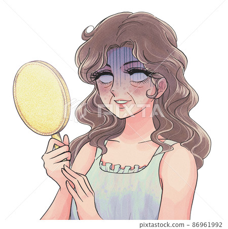 復古女孩卡通風格的女人在臉上的皺紋中沮喪 86961992