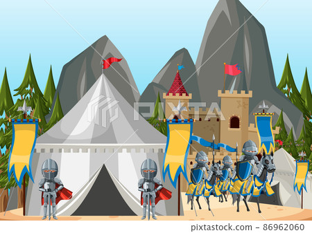 Medieval army camp scene with knights - Stock Illustration [86962060 ...