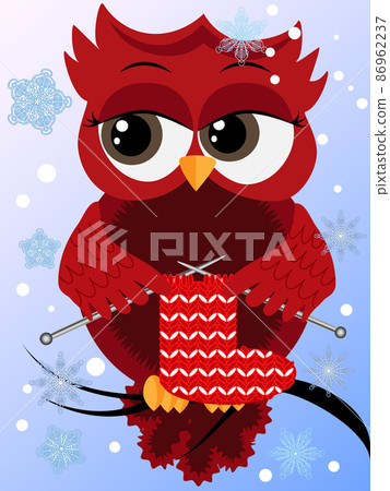 A red flirtatious owl sits on a branch and knits a red and white Christmas sock, flies through snowflakes, winter 86962237