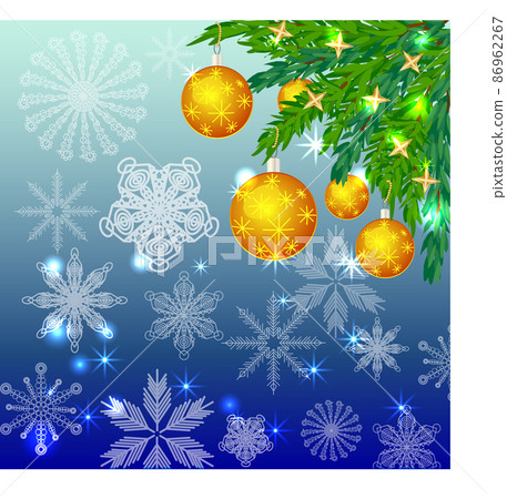 A square blue christmas background with snowflakes, coniferous branches, decorated with yellow balls, stars. A square blue christmas background with snowflakes, coniferous branches, decorated with yellow balls, stars. 86962267