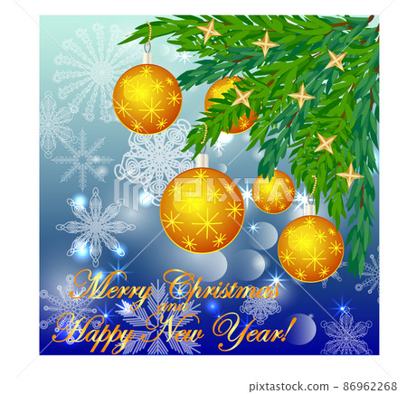 A square blue christmas background with snowflakes, coniferous branches, decorated with yellow balls, stars. The inscription Merry Christmas and a Happy New Year A square blue christmas background with snowflakes, coniferous branches, decorated with yellow balls, stars. The inscription Merry Christmas and a Happy New Year 86962268