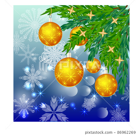 A square blue christmas background with snowflakes, coniferous branches, decorated with yellow balls, stars. A square blue christmas background with snowflakes, coniferous branches, decorated with yellow balls, stars. 86962269