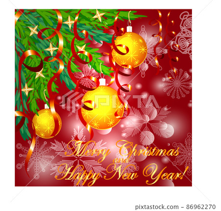 A square red christmas background with snowflakes, coniferous branches, decorated with yellow balls, stars, ribbons. The inscription Merry Christmas and a Happy New Year A square red christmas background with snowflakes, coniferous branches, decorated with yellow balls, stars, ribbons. The inscription Merry Christmas and a Happy New Year 86962270