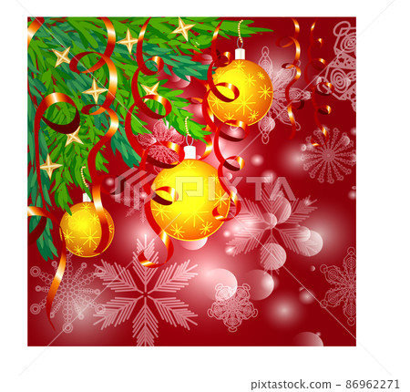 A square red christmas background with snowflakes, coniferous branches, decorated with yellow balls, stars, ribbons. A square red christmas background with snowflakes, coniferous branches, decorated with yellow balls, stars, ribbons. 86962271