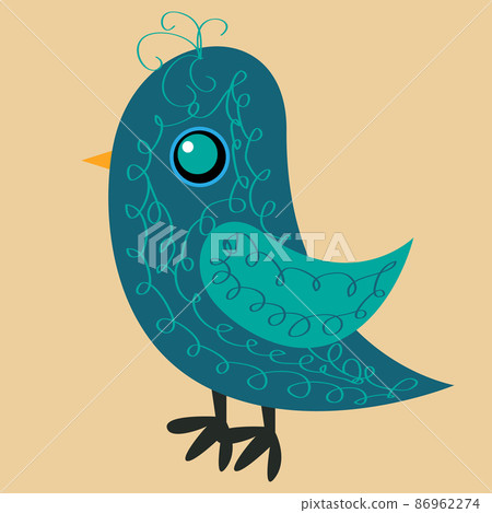 Nice blue bird with a pattern on the body, a yellow beak and a blue eye, a side view Nice blue bird with a pattern on the body, a yellow beak and a blue eye, a side view 86962274