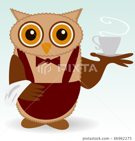 The owl, waiter in claret and butterfly burgundy, with a cup of steaming coffee, a towel on the wing The owl, waiter in claret and butterfly burgundy, with a cup of steaming coffee, a towel on the wing 86962275