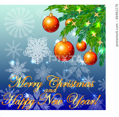 A square blue christmas background with snowflakes, coniferous branches, decorated with red balls, stars. The inscription Merry Christmas and a Happy New Year A square blue christmas background with snowflakes, coniferous branches, decorated with red balls, stars. The inscription Merry Christmas and a Happy New Year 86962276