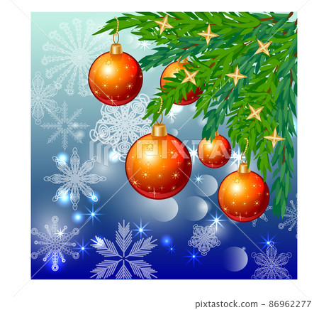 A square blue christmas background with snowflakes, coniferous branches, decorated with red balls, stars. A square blue christmas background with snowflakes, coniferous branches, decorated with red balls, stars. 86962277