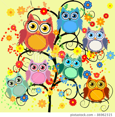 Bright cute cartoon owls sit on the flowering branches of fantastic tree. Bright cute cartoon owls sit on the flowering branches of fantastic tree. 86962315
