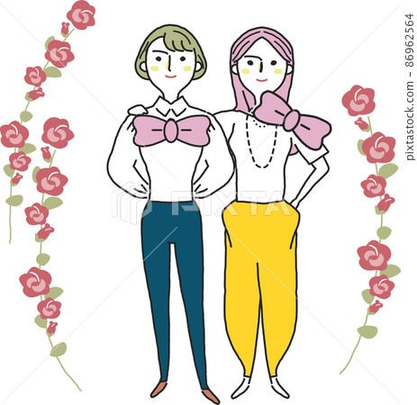 Illustration material of two women surrounded by pink ribbon and flowers Illustration material of two women surrounded by pink ribbon and flowers 86962564