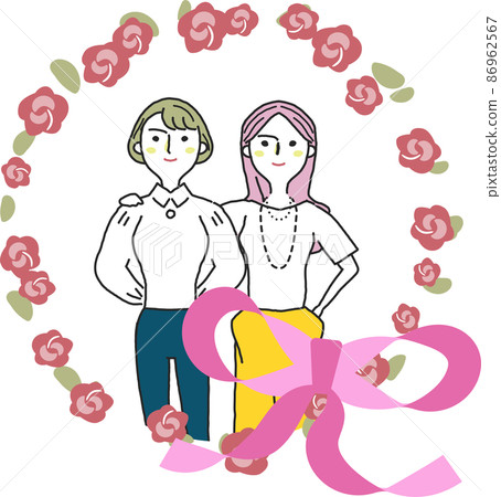 Illustration material of two women surrounded by pink ribbon and flowers Illustration material of two women surrounded by pink ribbon and flowers 86962567