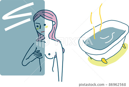 一位女性在洗澡時對著鏡子自我檢查乳腺癌的插圖素材 86962568