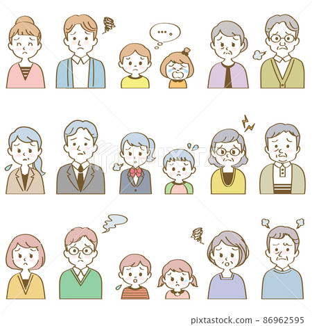 Illustration material set: 3 sets of 3 generation families facing the front with a worried expression (bust up / with main line) 86962595