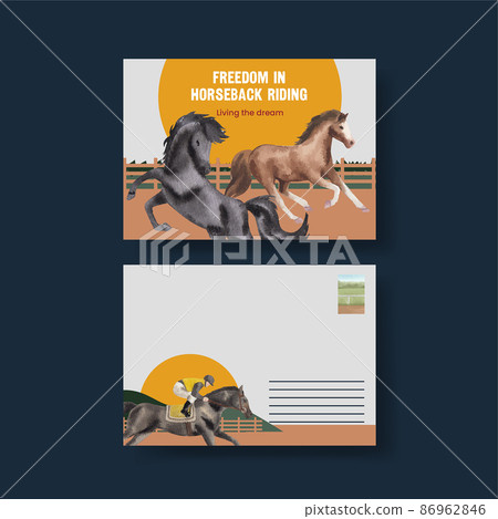 Postcard template with horseback riding concept,watercolor style Postcard template with horseback riding concept,watercolor style 86962846