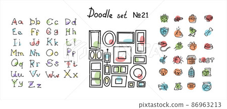 Doodle vector pet, lettering, frames sets. Icons for the pet nursery. Hand drawn sketch illustration of dog and pet accessories elements bone, food, leash, training, caring, grooming a dog Doodle vector pet, lettering, frames sets. Icons for the pet nursery. Hand drawn sketch illustration of dog and pet accessories elements bone, food, leash, training, caring, grooming a dog 86963213