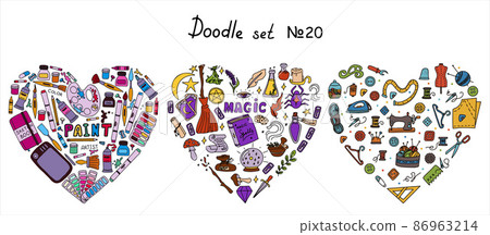 Big vector doodle sewing, magical, paint sets. Vector tailoring, halloween, artist s tools icons. Sewing mannequin, machine, measuring and cutting supplies, Black outline. Sketch with professions 86963214