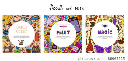 Big vector doodle sewing, magical, paint sets. Vector tailoring, halloween, artist s tools icons. Sewing mannequin, machine, measuring and cutting supplies, Black outline. Sketch with professions Big vector doodle sewing, magical, paint sets. Vector tailoring, halloween, artist s tools icons. Sewing mannequin, machine, measuring and cutting supplies, Black outline. Sketch with professions 86963215