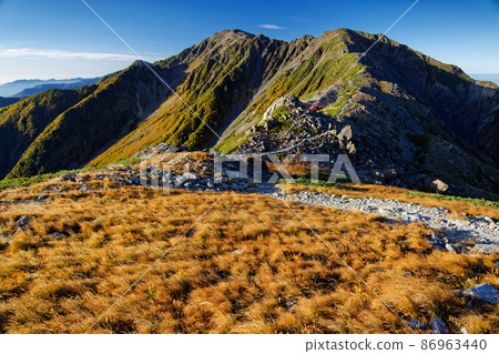 Autumn leaves and Mt. Aino on the ridgeline of Mt. Kitadake in the Southern Alps 86963440
