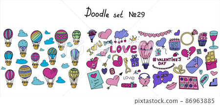 Big doodle sets of icons for Valentine s day and of hot air balloons. Vector colorful illustration for the holiday on February 14. Hand draw set for romance, wedding, date, invitation, greeting card Big doodle sets of icons for Valentine s day and of hot air balloons. Vector colorful illustration for the holiday on February 14. Hand draw set for romance, wedding, date, invitation, greeting card 86963885