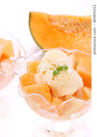 Melon dessert red meat Lennon variety glass ice cream bright background 86964201