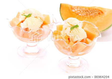 Melon dessert red meat Lennon variety glass ice cream bright background 86964204