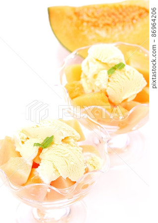 Melon dessert red meat Lennon variety glass ice cream bright background 86964206