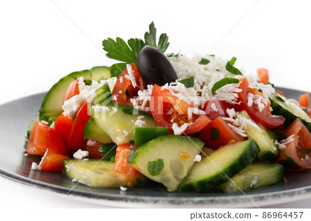 Traditional Bulgarian shopska salad with tomato,cucumber and bulgarian sirene cheese Traditional Bulgarian shopska salad with tomato,cucumber and bulgarian sirene cheese 86964457