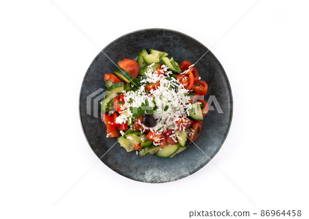 Traditional Bulgarian shopska salad with tomato,cucumber and bulgarian sirene cheese 86964458