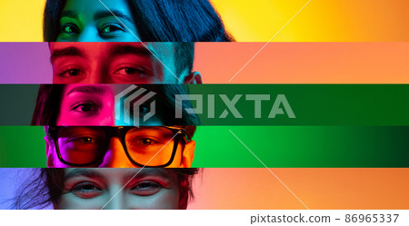 Neon stripes, loines. Closeup human eyes on multicolored background in neon light. Collage made of cropped faces of male and female models. Diversity 86965337