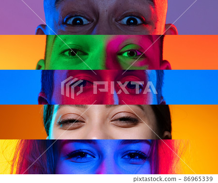 Neon stripes, loines. Closeup human eyes on multicolored background in neon light. Collage made of cropped faces of male and female models. Diversity Neon stripes, loines. Closeup human eyes on multicolored background in neon light. Collage made of cropped faces of male and female models. Diversity 86965339