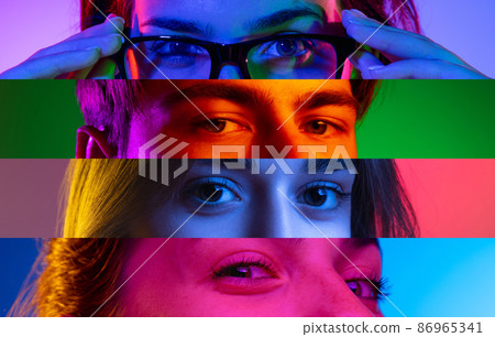 Neon stripes, loines. Closeup human eyes on multicolored background in neon light. Collage made of cropped faces of male and female models. Diversity Neon stripes, loines. Closeup human eyes on multicolored background in neon light. Collage made of cropped faces of male and female models. Diversity 86965341