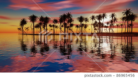 The sea and palm trees against the backdrop of a tropical sunset 3d-rendering The sea and palm trees against the backdrop of a tropical sunset 3d-rendering 86965456