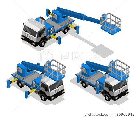 Isometric machine with telescopic boom for lifting workers in basket to height. Transport for high altitude work. Realistic 3D vector isolated on white background 86965912