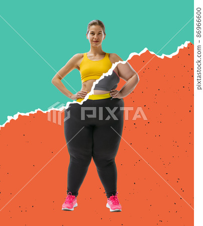 Creative artcollage with young slim girl and plus-size woman wearing sport uniform isolated on green orange background. Weight loss concept. Creative artcollage with young slim girl and plus-size woman wearing sport uniform isolated on green orange background. Weight loss concept. 86966600